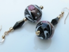 Vintage 16mm Black, White, Aventurina, Pink Roses, Earrings